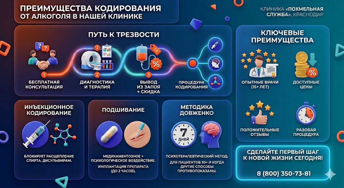 Инфографика о методах кодирования от алкоголя в Донецке: инъекции, подшивание, метод Довженко. Преимущества клиники и этапы лечения.